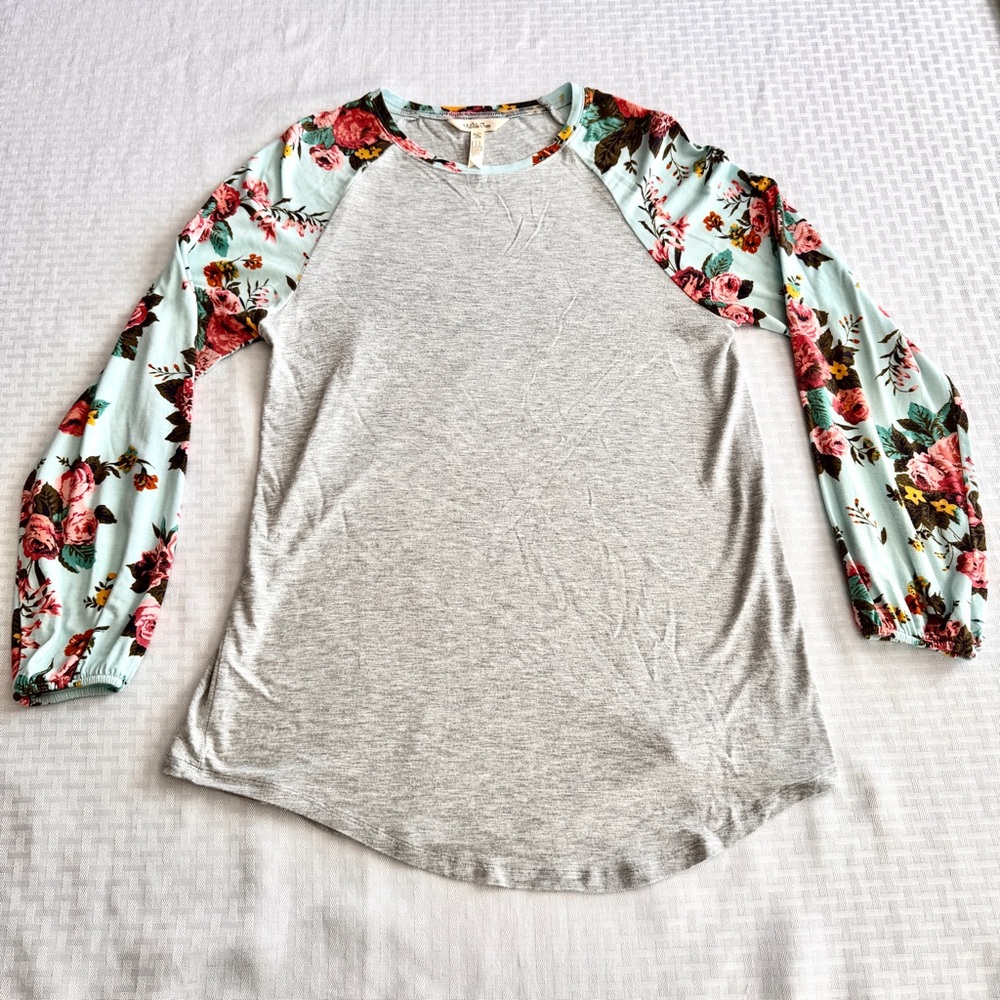 Matilda Jane Floral Raglan Baseball Tee Grey Blue Pink Rose Print Medium‎ 30690T